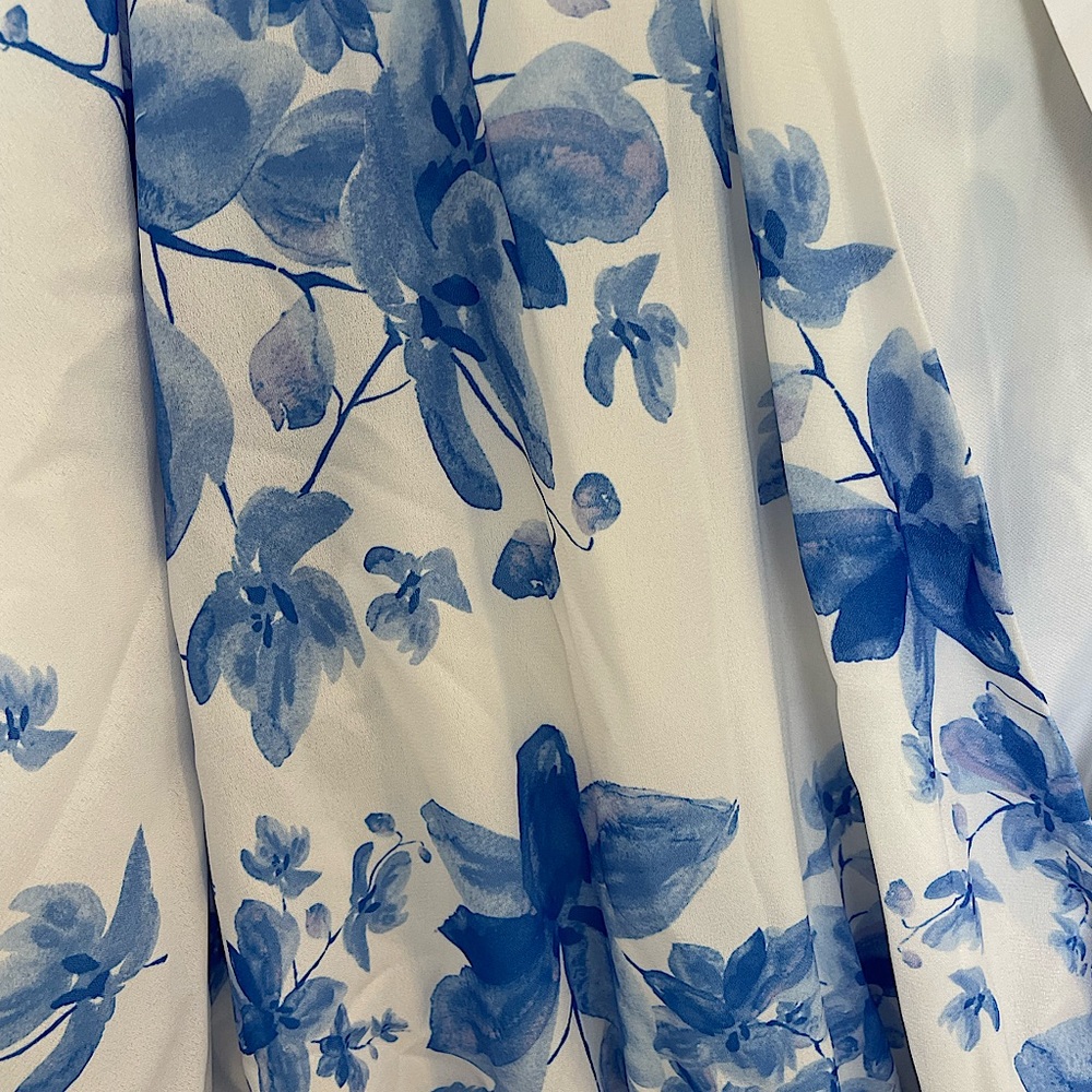 Peach Loue is the brand. This dress is a size Large with a blue floral print.